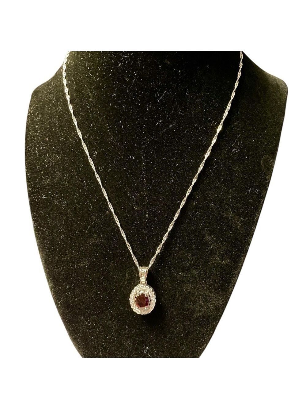 Necklace, Dark Garnet Red Encircled w/Clear Stones Dainty Feminine